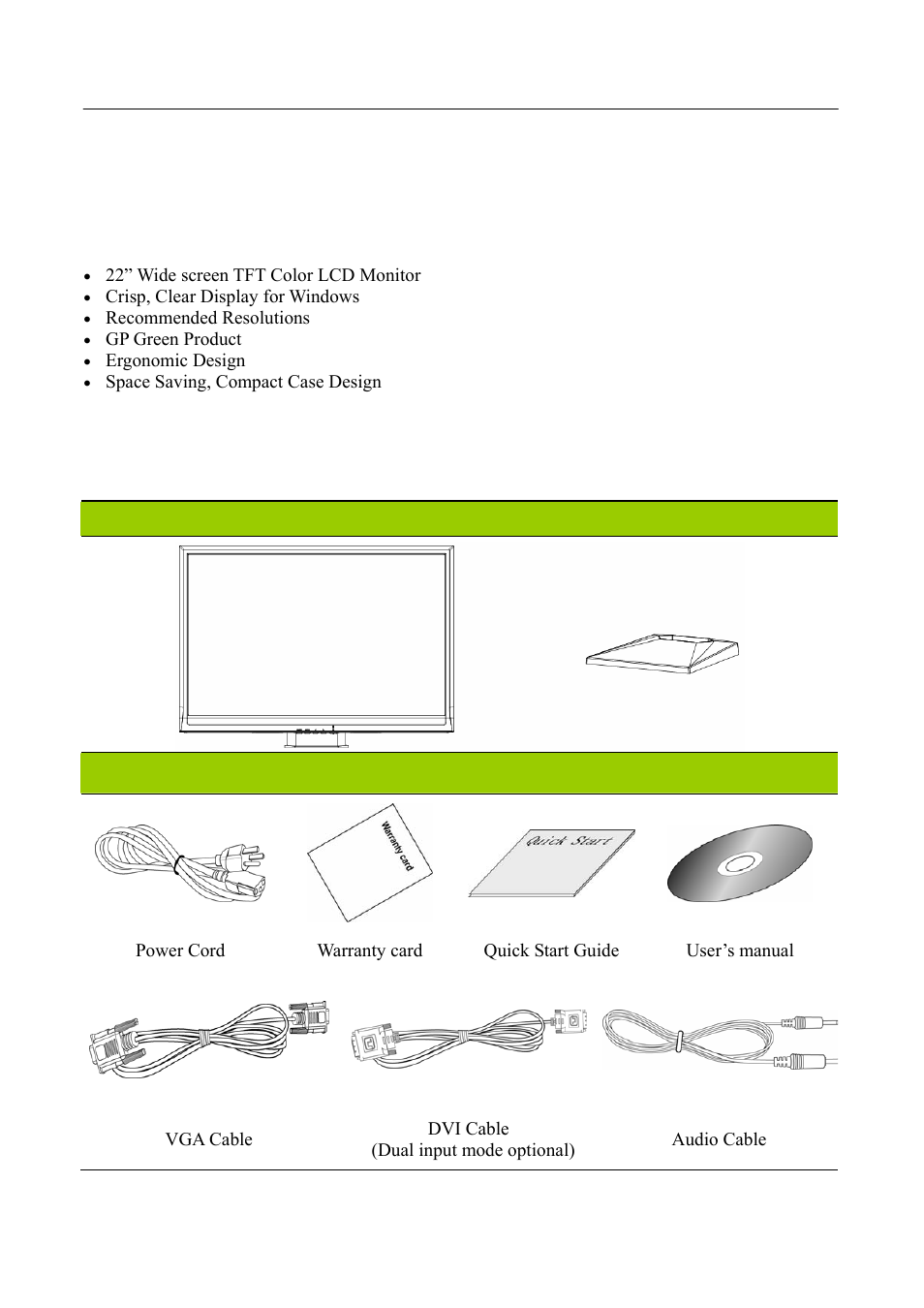Before operating the monitor, Features, Checking the contents of the package | Hanns.G HP221 User Manual | Page 8 / 24