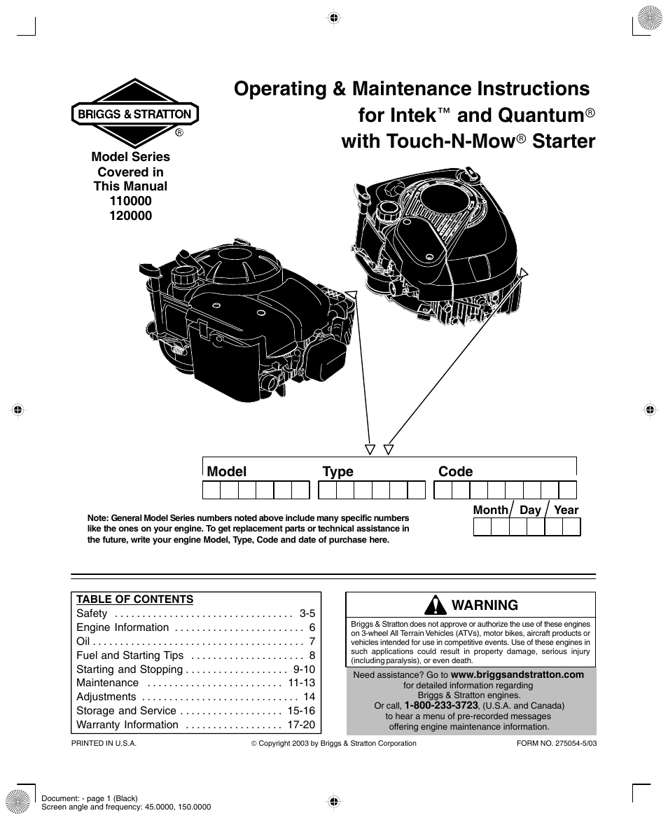 Briggs & Stratton INTEK AND QUANTUM 110000 User Manual | 20 pages