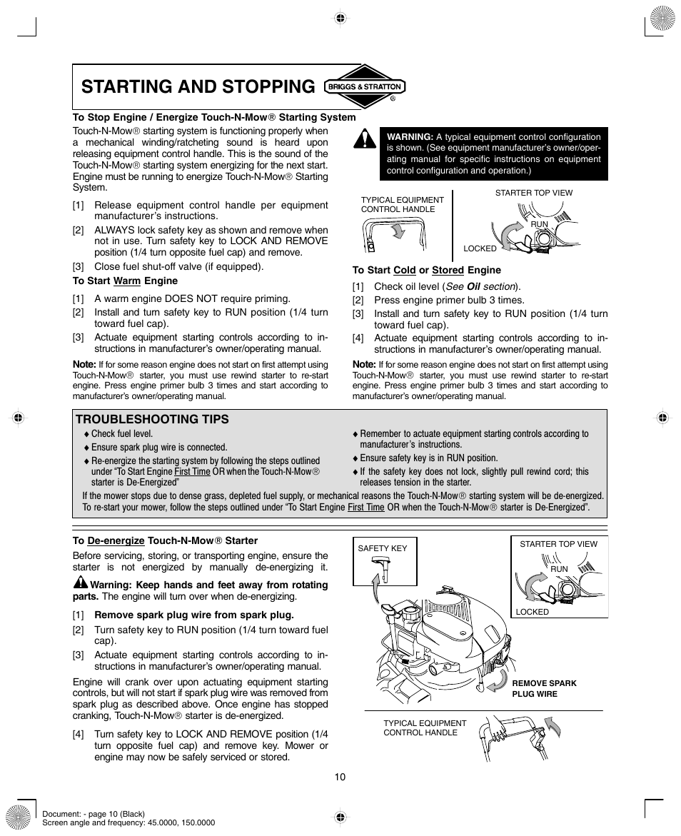 Starting and stopping | Briggs & Stratton INTEK AND QUANTUM 110000 User Manual | Page 10 / 20
