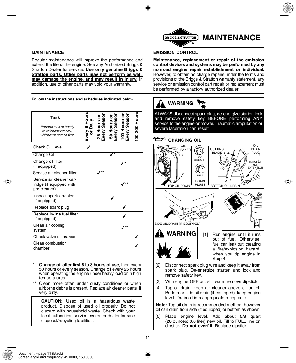 Maintenance, Warning | Briggs & Stratton INTEK AND QUANTUM 110000 User Manual | Page 11 / 20