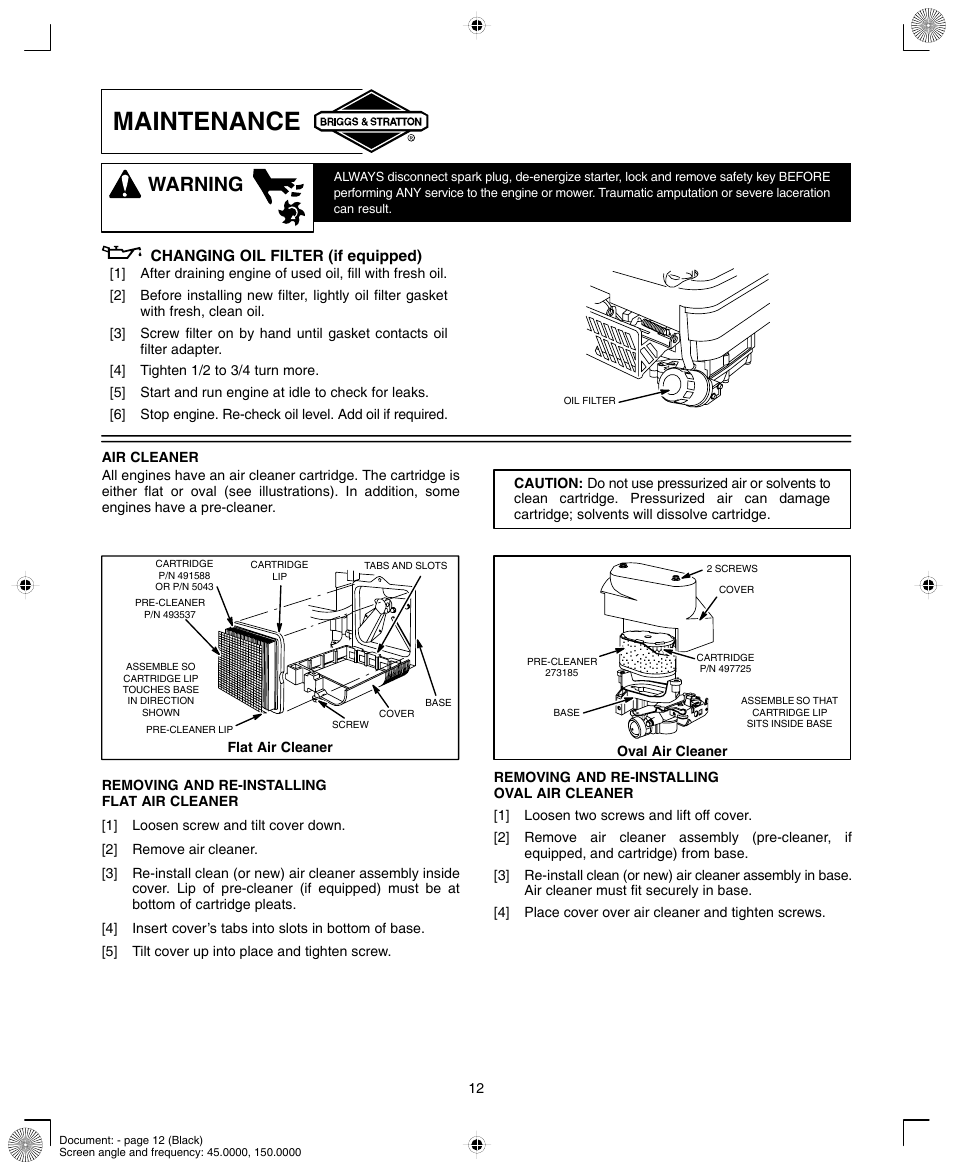 Maintenance, Warning | Briggs & Stratton INTEK AND QUANTUM 110000 User Manual | Page 12 / 20