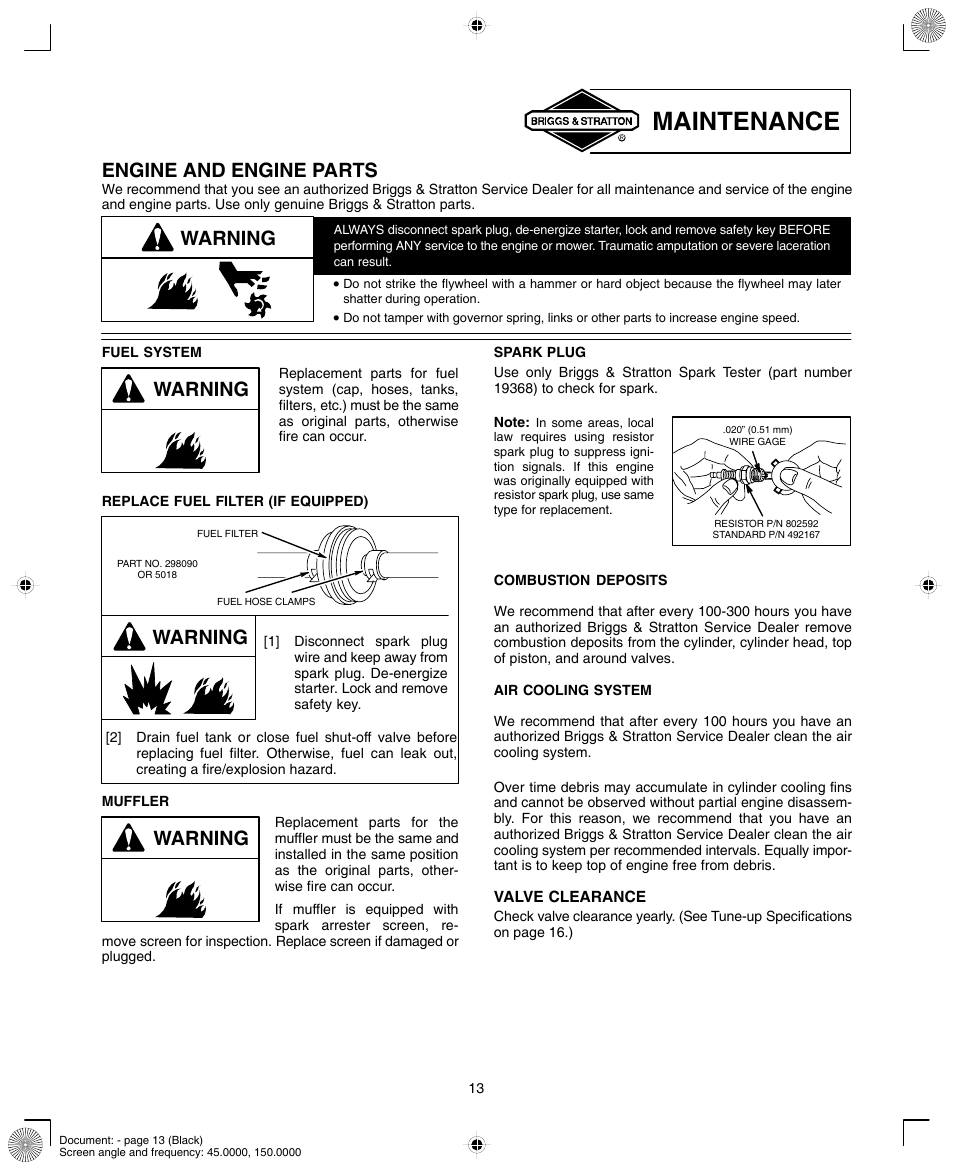 Maintenance, Engine and engine parts, Warning | Briggs & Stratton INTEK AND QUANTUM 110000 User Manual | Page 13 / 20