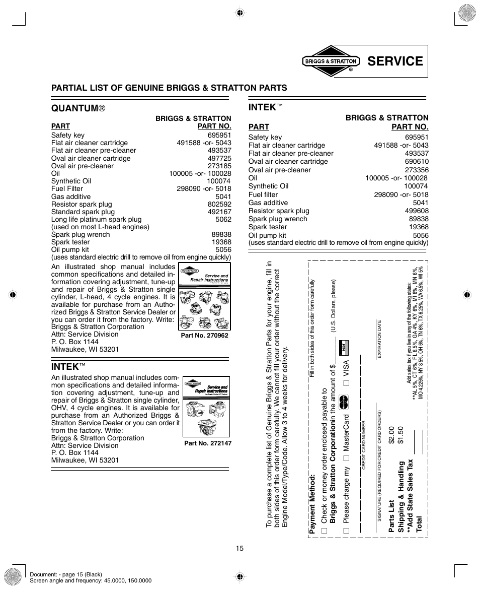 Service, Quantum ), Intek e | Briggs & Stratton INTEK AND QUANTUM 110000 User Manual | Page 15 / 20