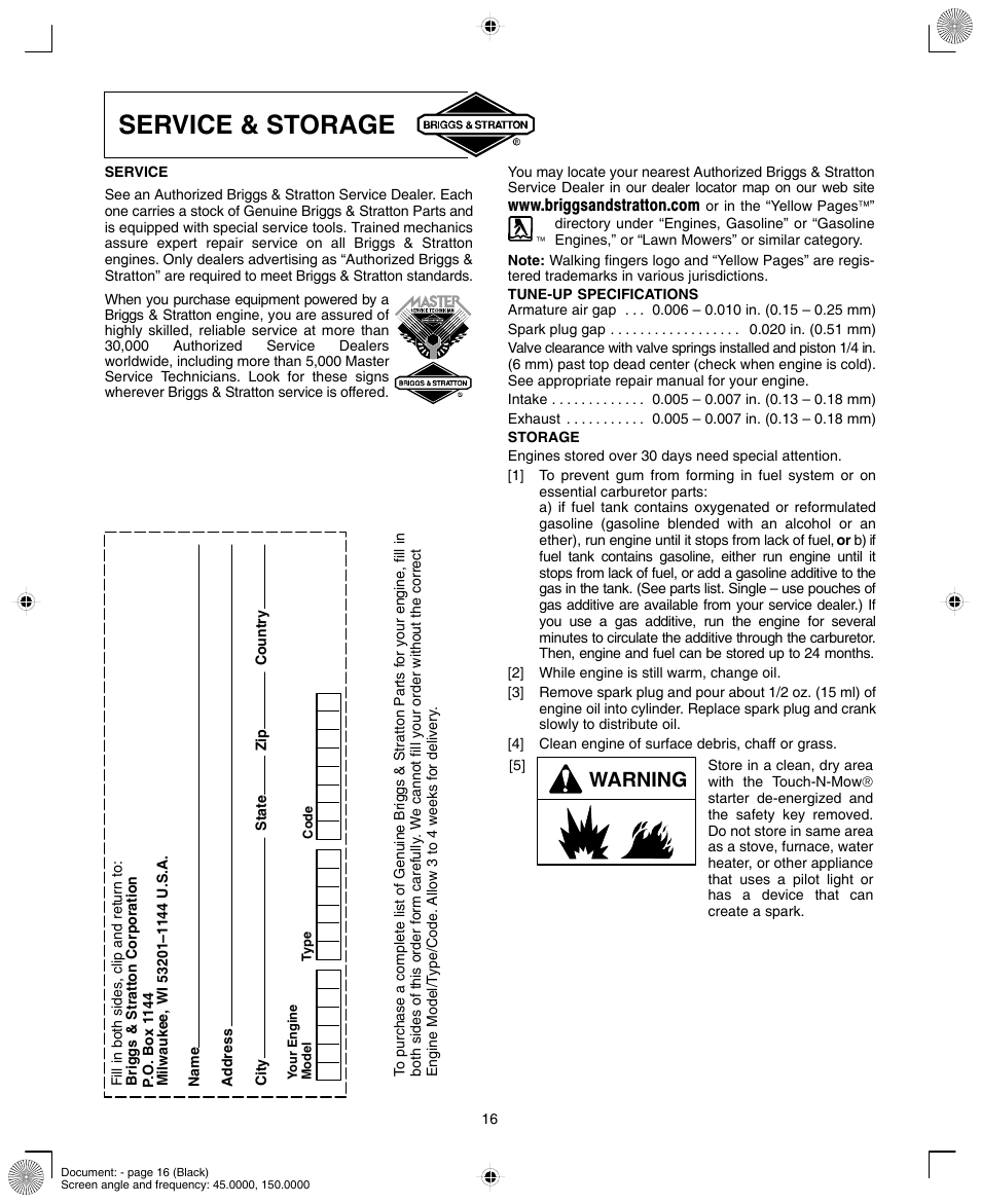Service & storage, Warning | Briggs & Stratton INTEK AND QUANTUM 110000 User Manual | Page 16 / 20