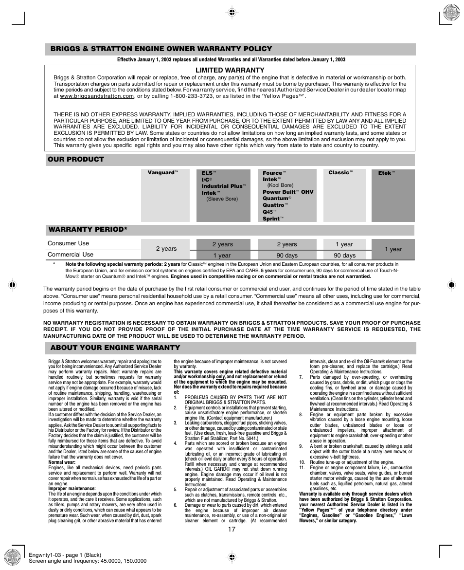 Our product warranty period, About your engine warranty | Briggs & Stratton INTEK AND QUANTUM 110000 User Manual | Page 17 / 20