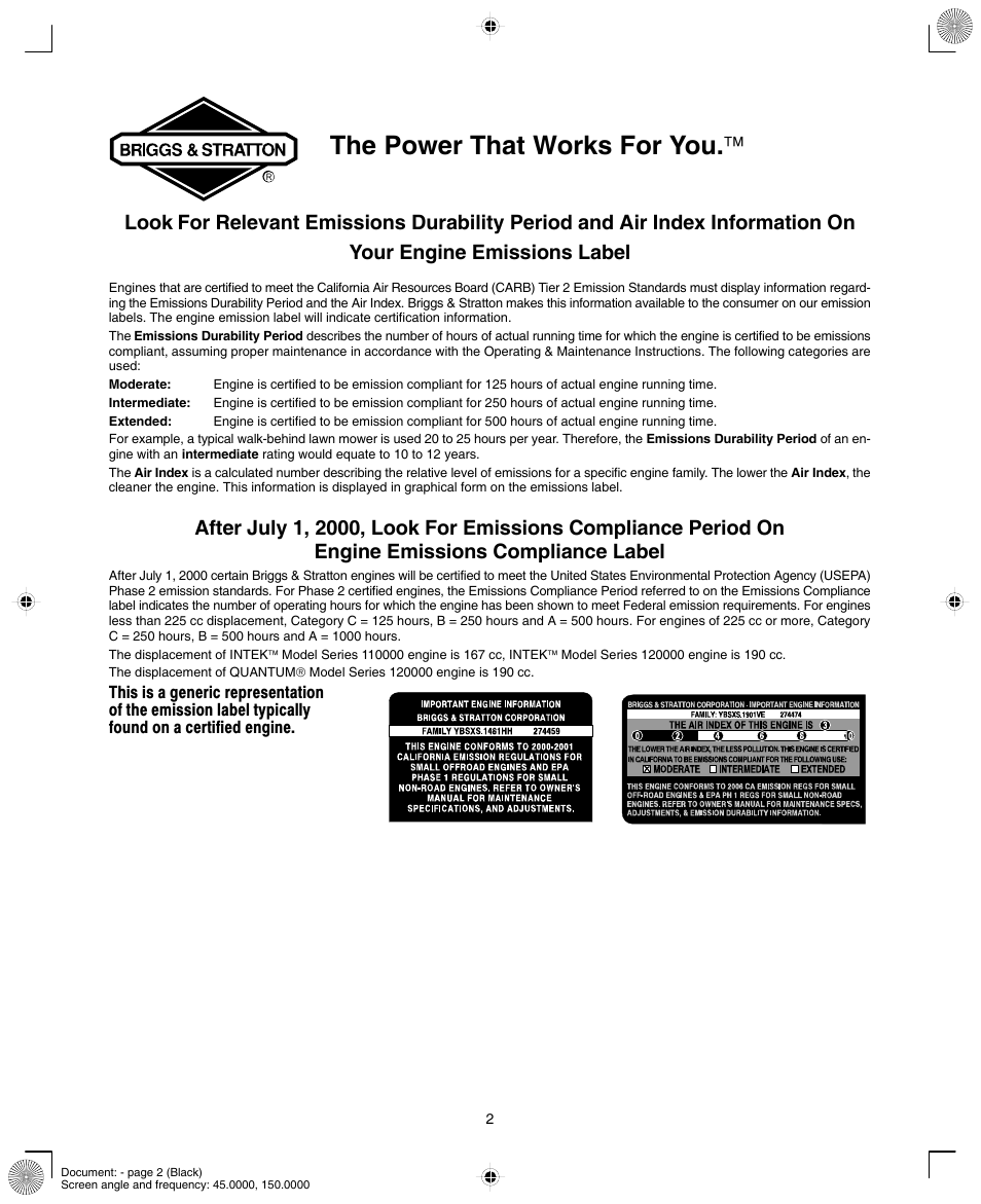 The power that works for you | Briggs & Stratton INTEK AND QUANTUM 110000 User Manual | Page 2 / 20