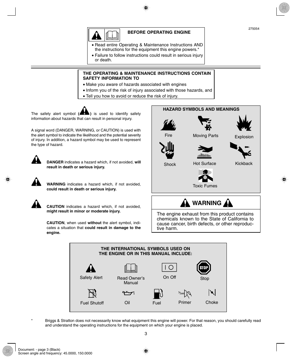 Warning | Briggs & Stratton INTEK AND QUANTUM 110000 User Manual | Page 3 / 20