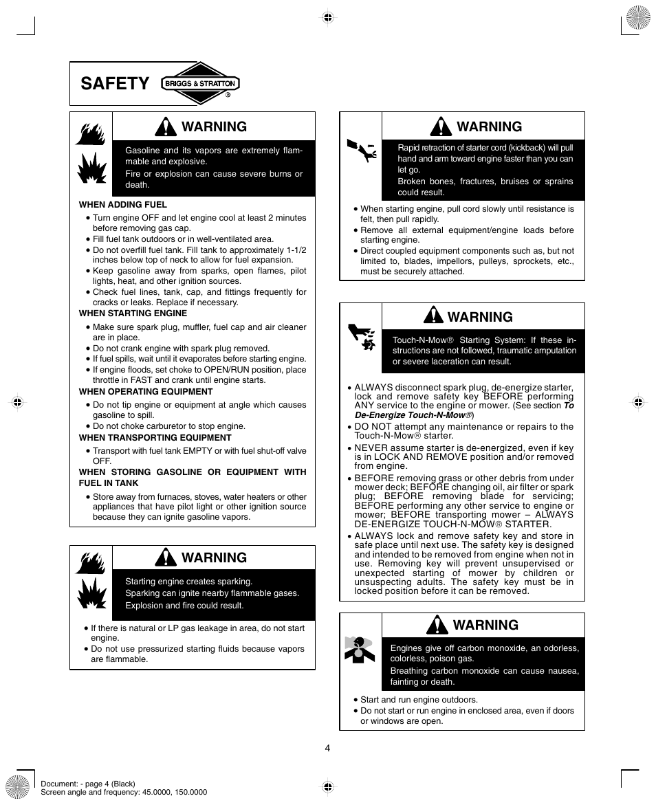 Safety, Warning | Briggs & Stratton INTEK AND QUANTUM 110000 User Manual | Page 4 / 20