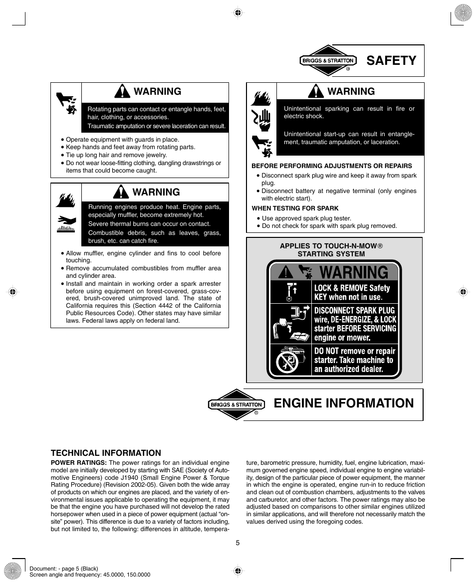 Safety, Engine information, Warning | Briggs & Stratton INTEK AND QUANTUM 110000 User Manual | Page 5 / 20