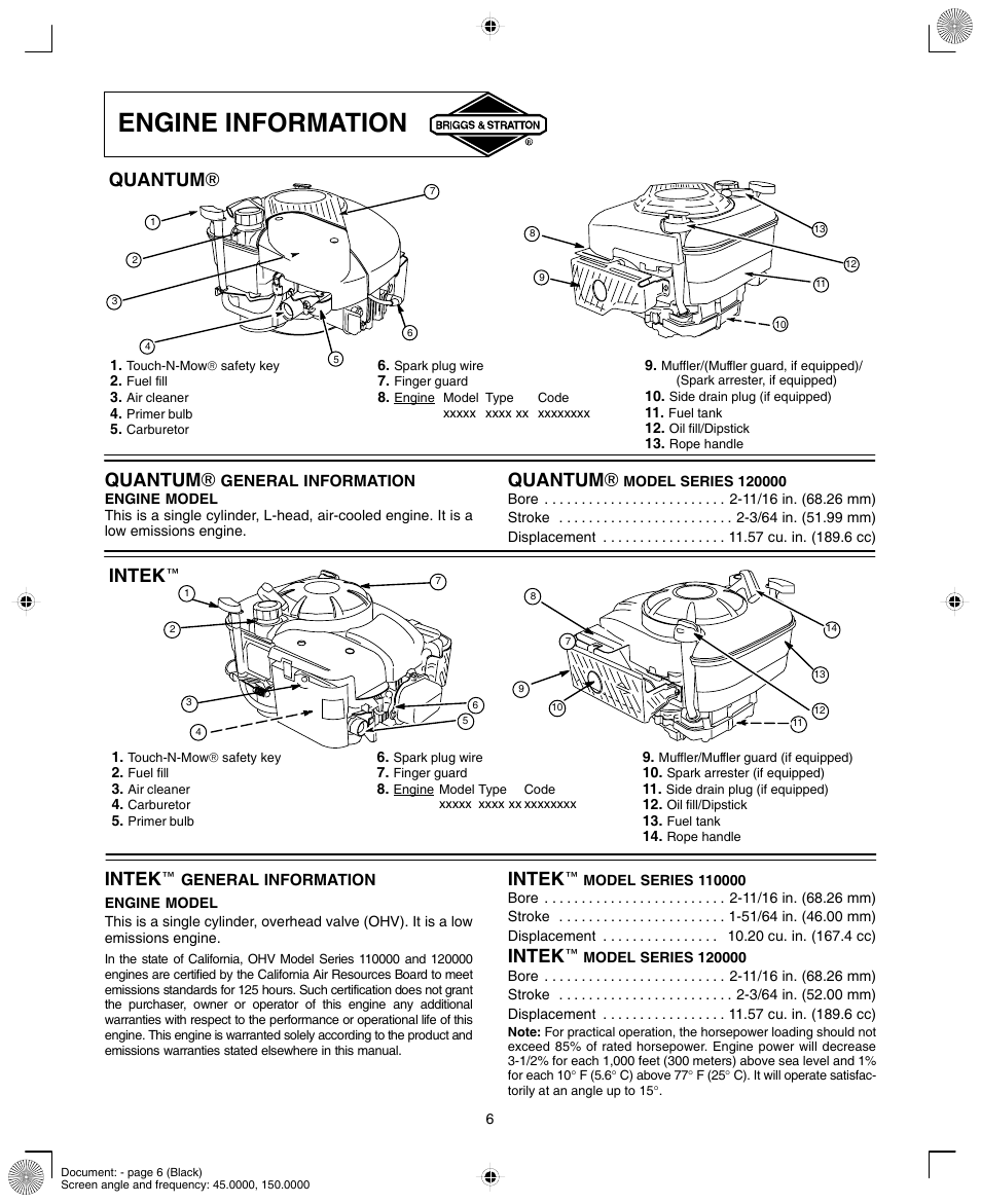 Engine information, Quantum ), Intek e | Briggs & Stratton INTEK AND QUANTUM 110000 User Manual | Page 6 / 20