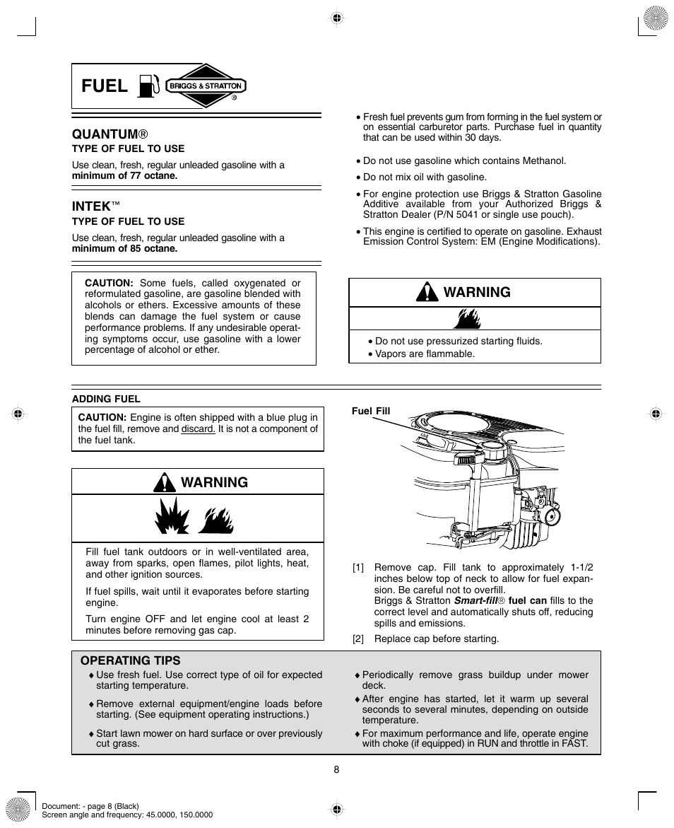 Fuel, Warning, Quantum ) | Intek e | Briggs & Stratton INTEK AND QUANTUM 110000 User Manual | Page 8 / 20