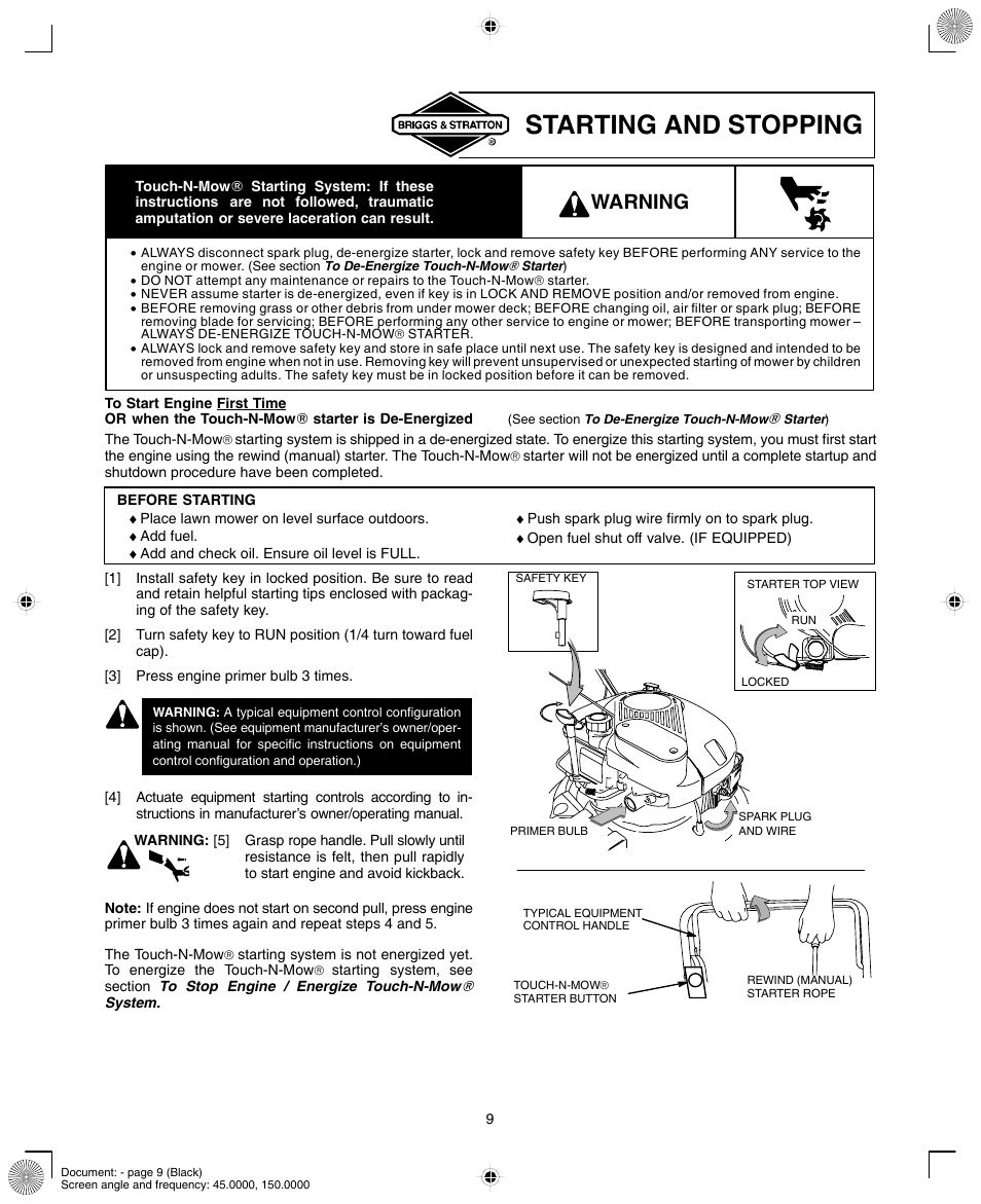 Starting and stopping, Warning | Briggs & Stratton INTEK AND QUANTUM 110000 User Manual | Page 9 / 20