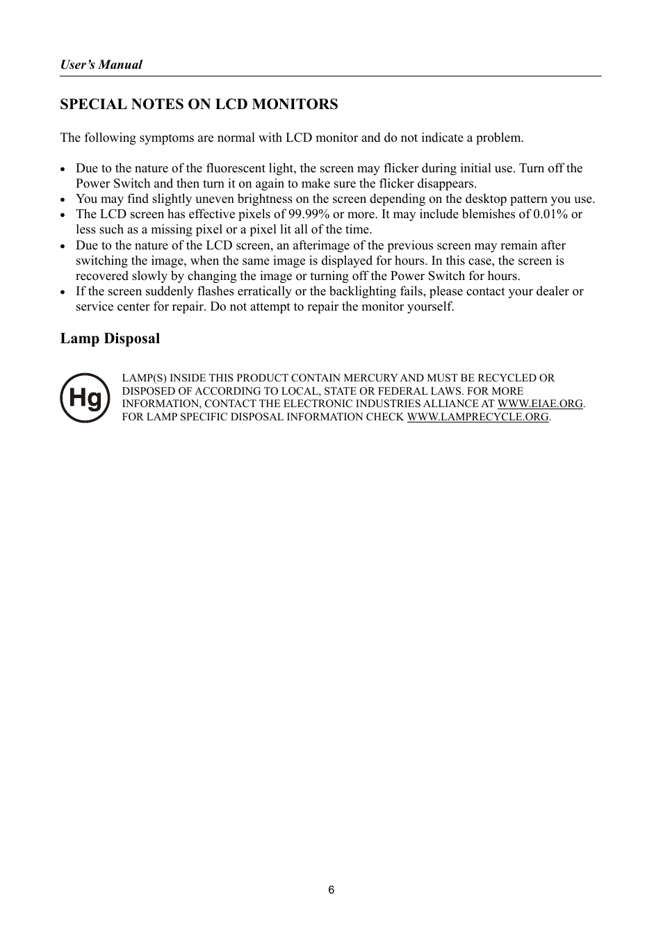 Special notes on lcd monitors, Lamp disposal | Hanns.G HH222 User Manual | Page 6 / 22