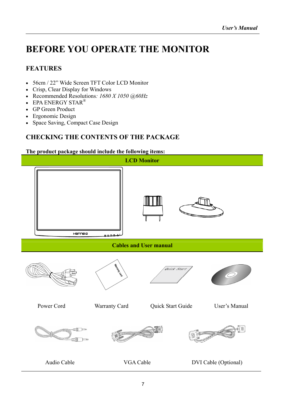 Before you operate the monitor, Features, Checking the contents of the package | Hanns.G HH222 User Manual | Page 7 / 22