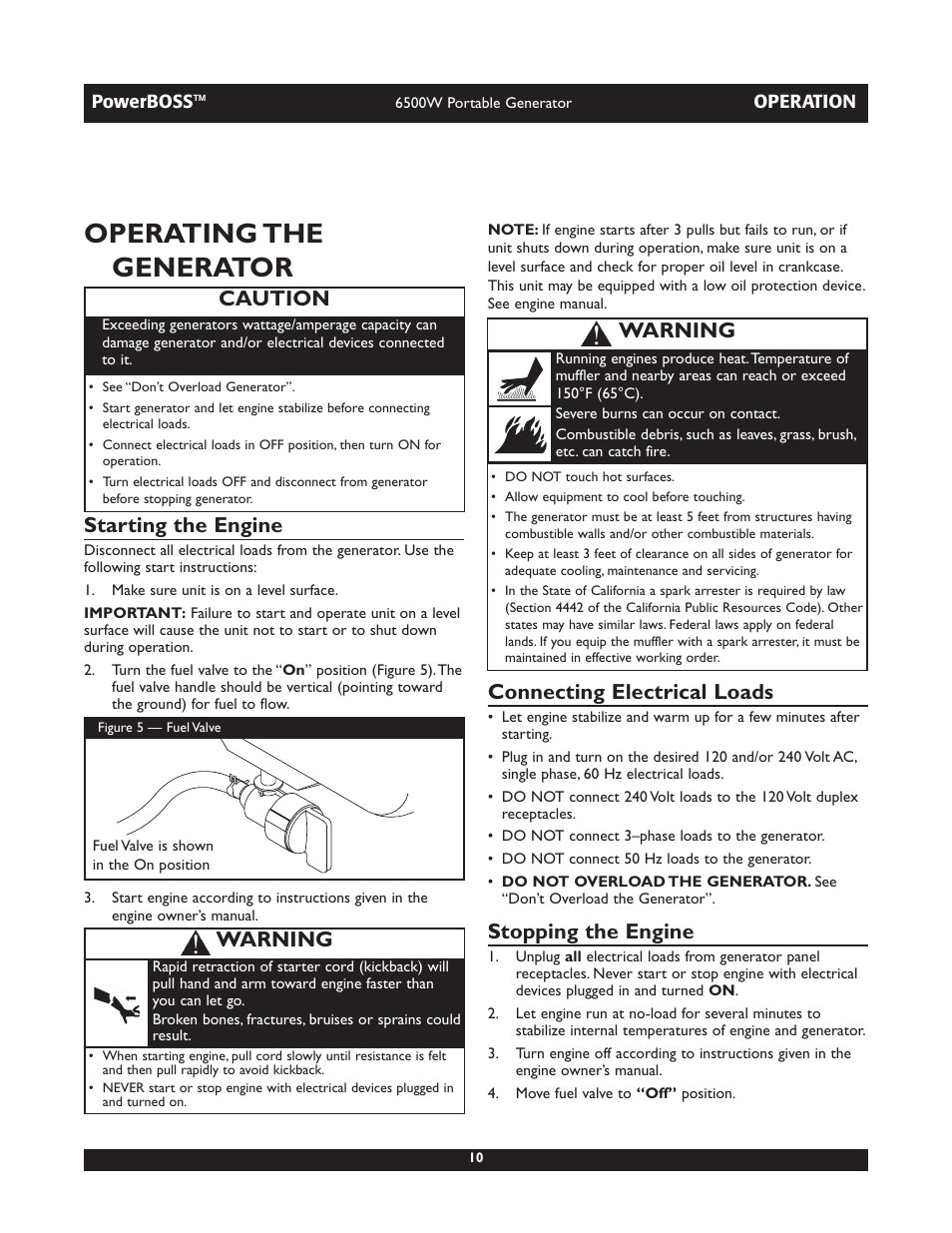 Operating the generator, Starting the engine, Connecting electrical loads | Stopping the engine, Caution, Warning | Briggs & Stratton PowerBoss 30227 User Manual | Page 10 / 32