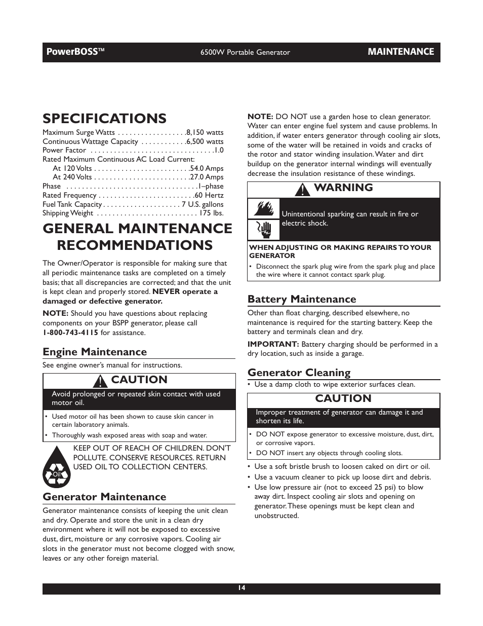 Specifications, General maintenance recommendations, Engine maintenance | Generator maintenance, Battery maintenance, Generator cleaning, Caution, Warning | Briggs & Stratton PowerBoss 30227 User Manual | Page 14 / 32