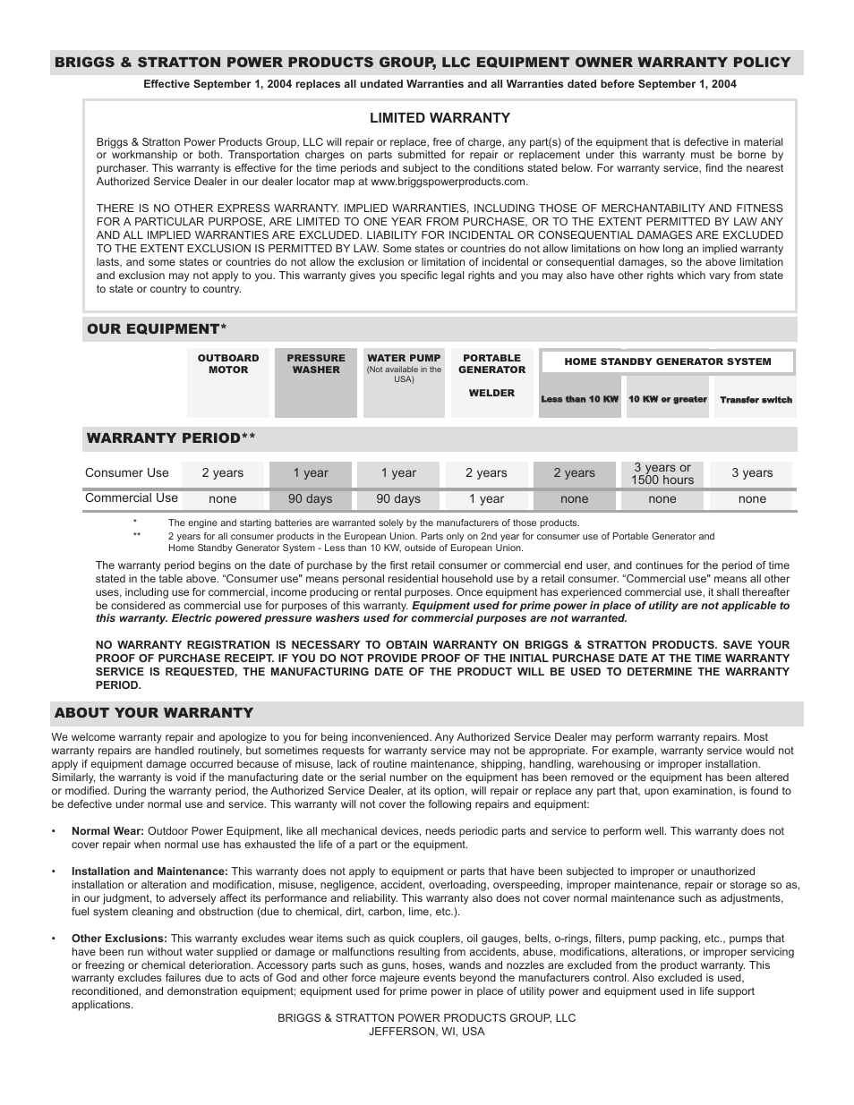 Our equipment, Warranty period, About your warranty | Briggs & Stratton PowerBoss 30227 User Manual | Page 17 / 32