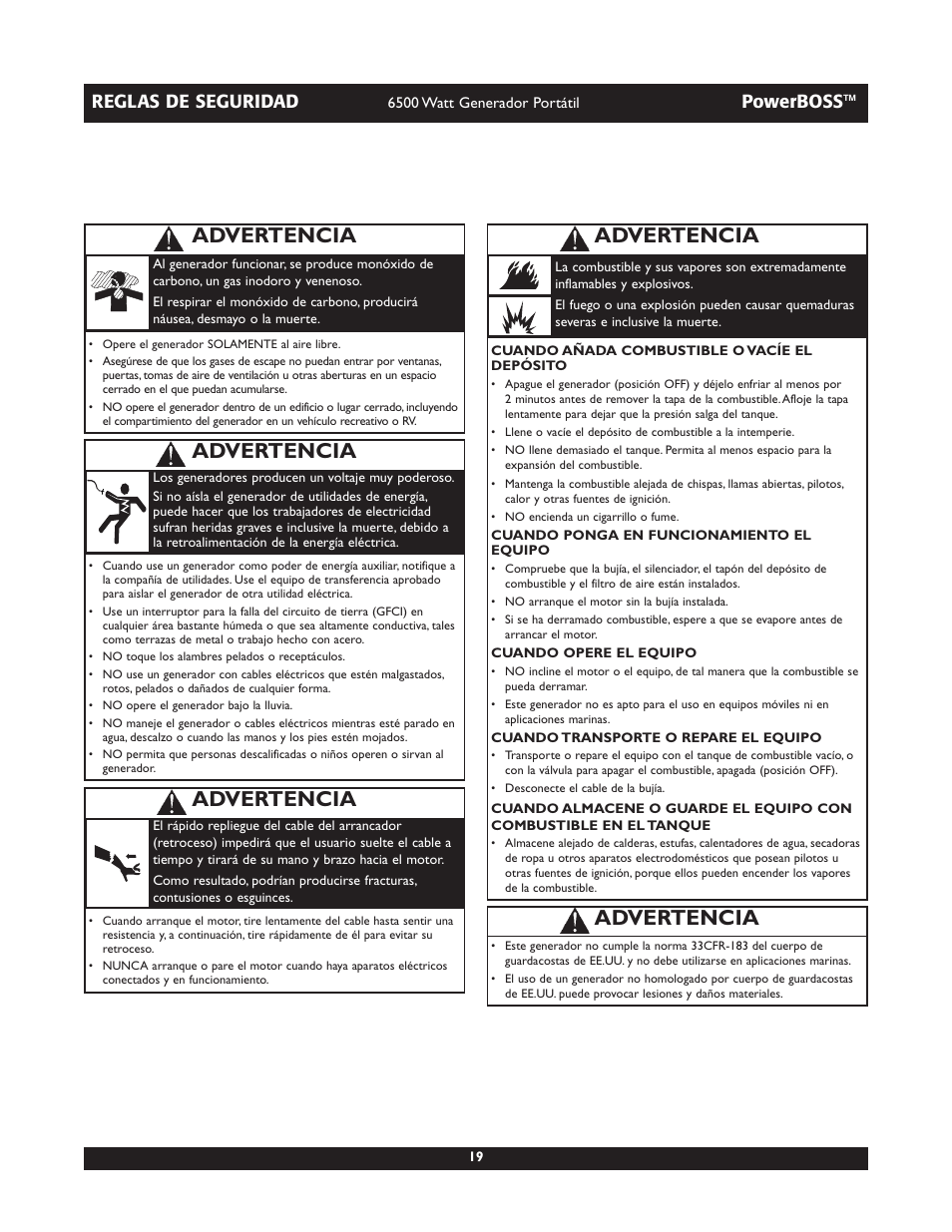 Advertencia, Reglas de seguridad, Powerboss | Briggs & Stratton PowerBoss 30227 User Manual | Page 19 / 32