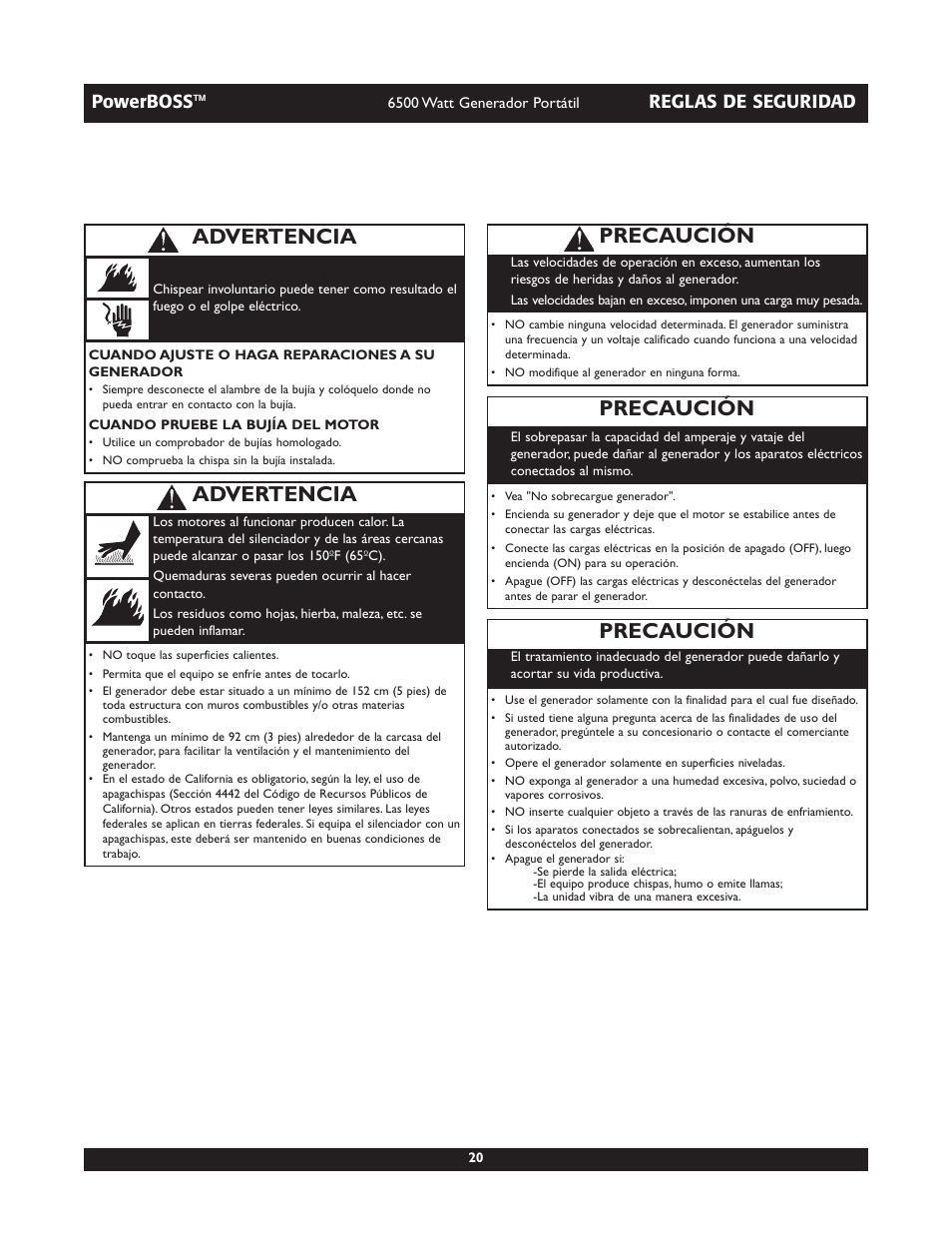 Precaución, Advertencia, Powerboss | Reglas de seguridad | Briggs & Stratton PowerBoss 30227 User Manual | Page 20 / 32