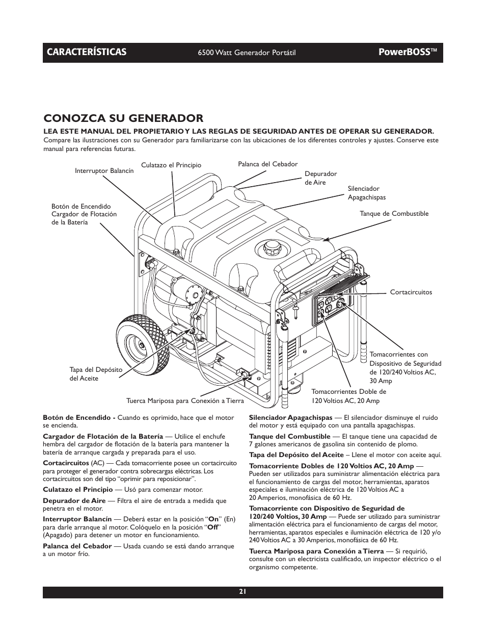 Conozca su generador, Características, Powerboss | Briggs & Stratton PowerBoss 30227 User Manual | Page 21 / 32