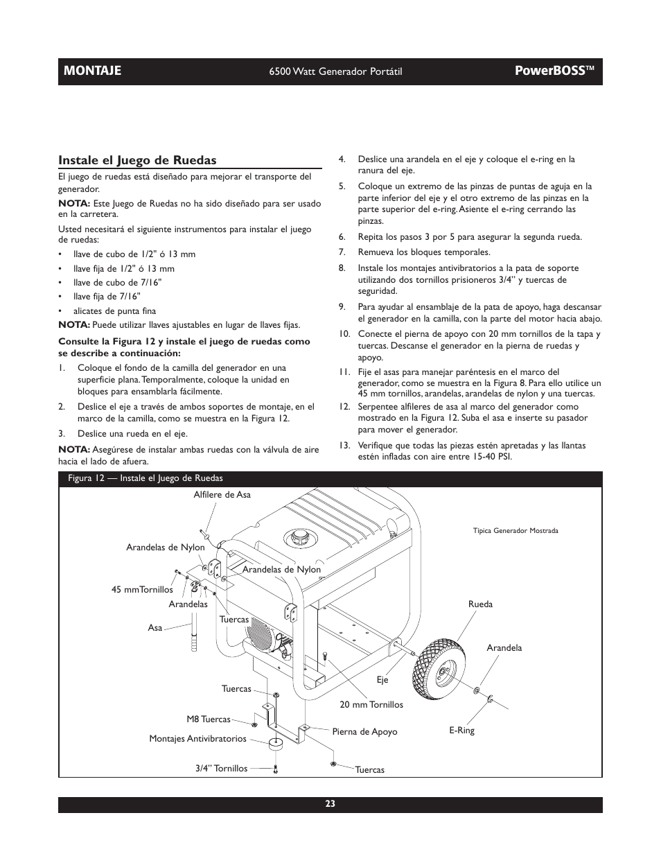 Montaje, Powerboss, Instale el juego de ruedas | Briggs & Stratton PowerBoss 30227 User Manual | Page 23 / 32