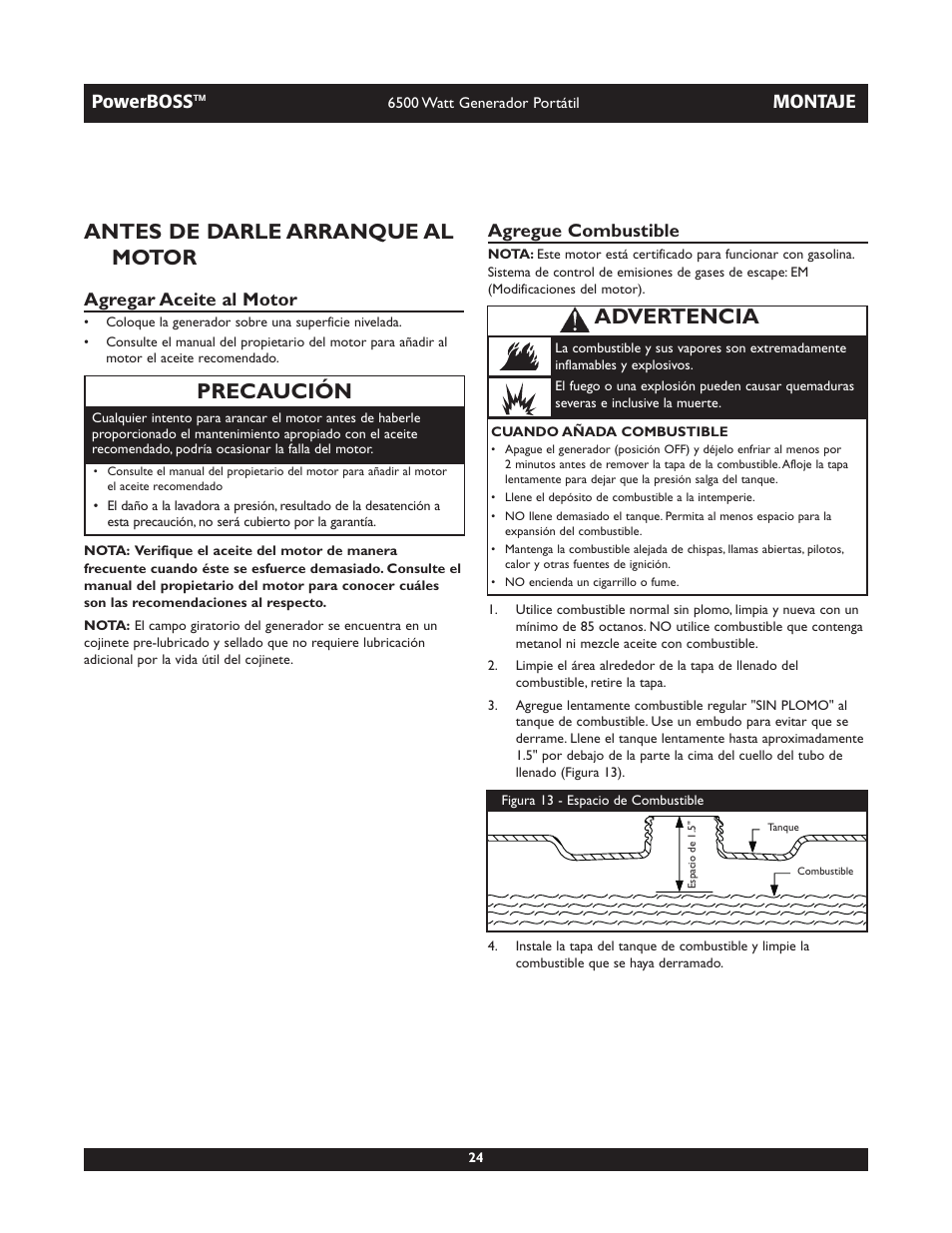 Antes de darle arranque al motor, Precaución, Advertencia | Powerboss, Montaje, Agregar aceite al motor, Agregue combustible | Briggs & Stratton PowerBoss 30227 User Manual | Page 24 / 32