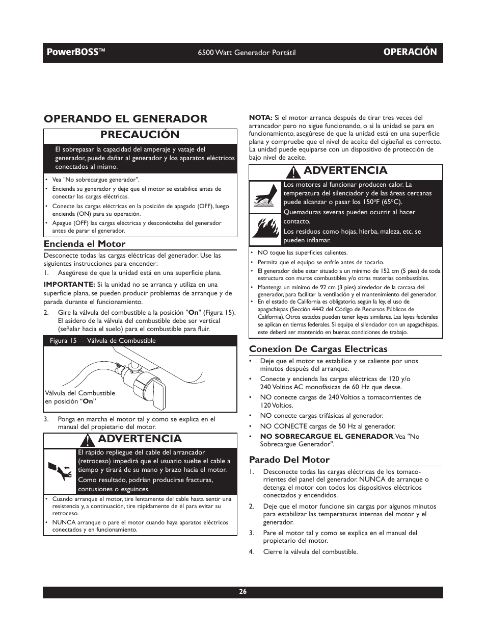 Operando el generador, Precaución, Advertencia | Powerboss, Operación, Encienda el motor, Conexion de cargas electricas, Parado del motor | Briggs & Stratton PowerBoss 30227 User Manual | Page 26 / 32