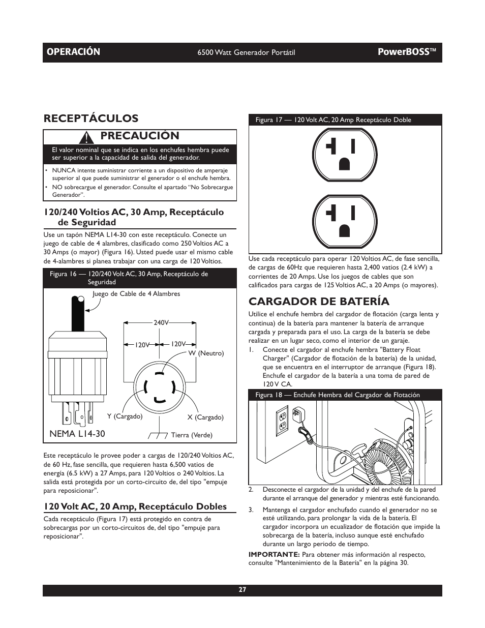 Receptáculos, Cargador de batería, Precaución | Briggs & Stratton PowerBoss 30227 User Manual | Page 27 / 32