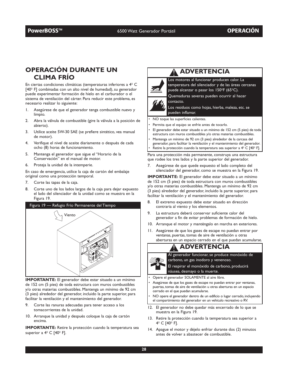 Operación durante un clima frío, Advertencia, Powerboss | Operación | Briggs & Stratton PowerBoss 30227 User Manual | Page 28 / 32