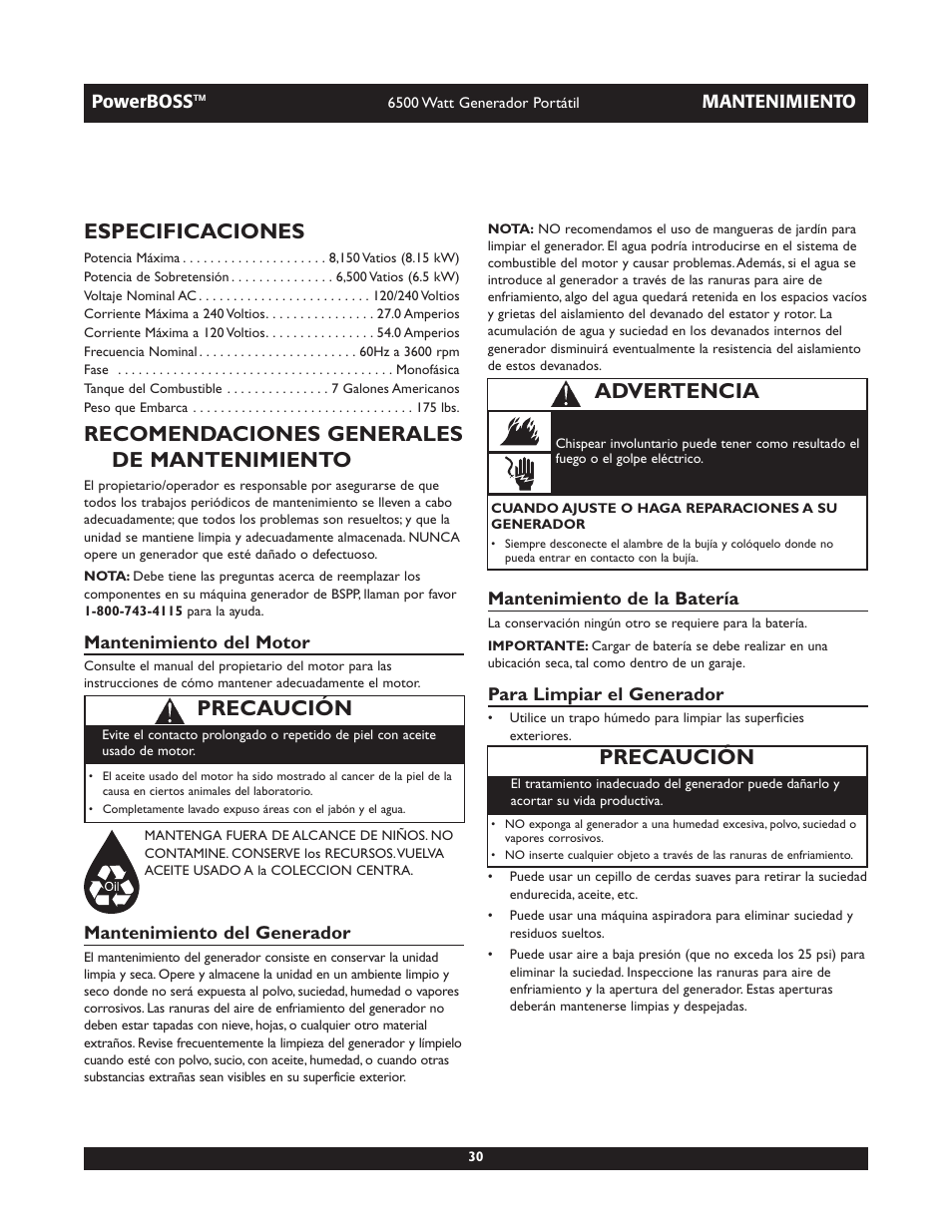 Especificaciones, Recomendaciones generales de mantenimiento, Precaución | Advertencia | Briggs & Stratton PowerBoss 30227 User Manual | Page 30 / 32