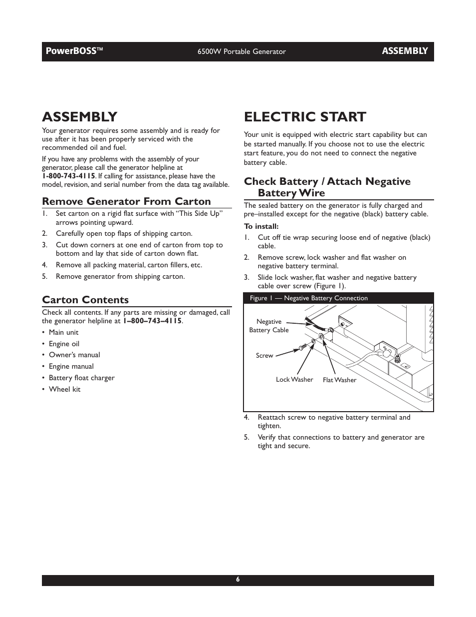 Assembly, Electric start, Remove generator from carton | Carton contents, Check battery / attach negative battery wire | Briggs & Stratton PowerBoss 30227 User Manual | Page 6 / 32