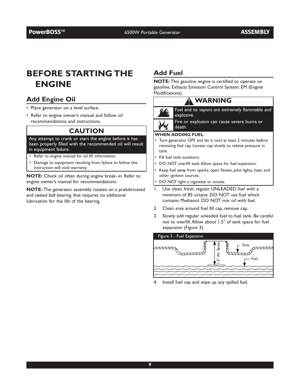 Before starting the engine, Add engine oil, Add fuel | Caution, Warning | Briggs & Stratton PowerBoss 30227 User Manual | Page 8 / 32