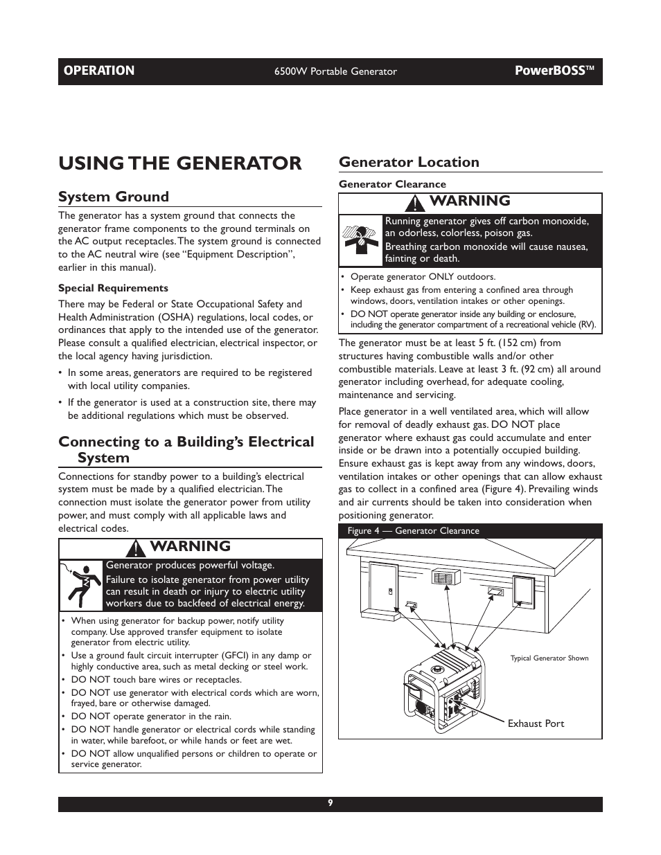 Using the generator, System ground, Connecting to a building’s electrical system | Generator location, Warning | Briggs & Stratton PowerBoss 30227 User Manual | Page 9 / 32