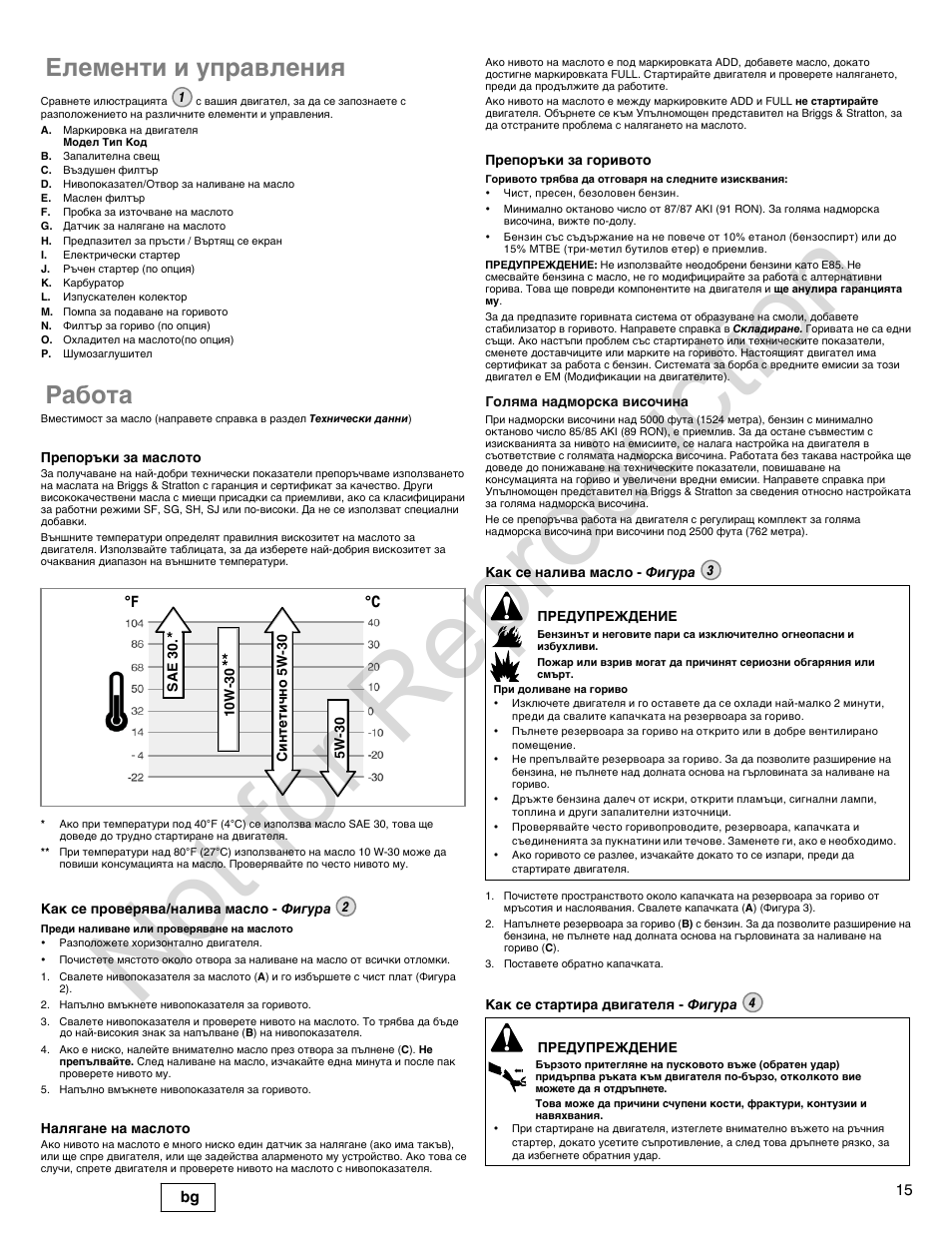 Not for reproduction, Елементи и управления, Работа | Briggs & Stratton 300000 User Manual | Page 15 / 92