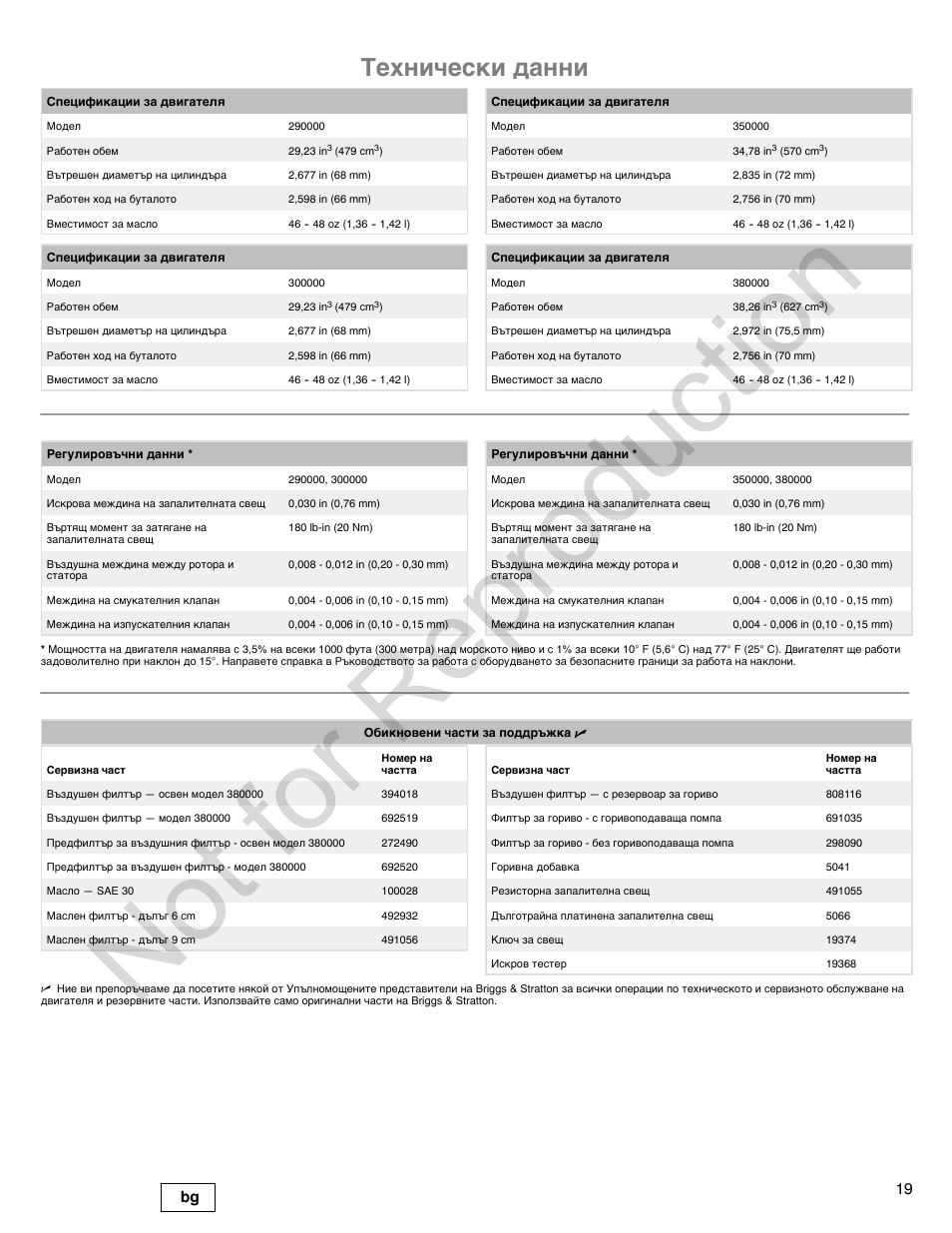 Not for reproduction, Технически данни, 19 bg | Briggs & Stratton 300000 User Manual | Page 19 / 92