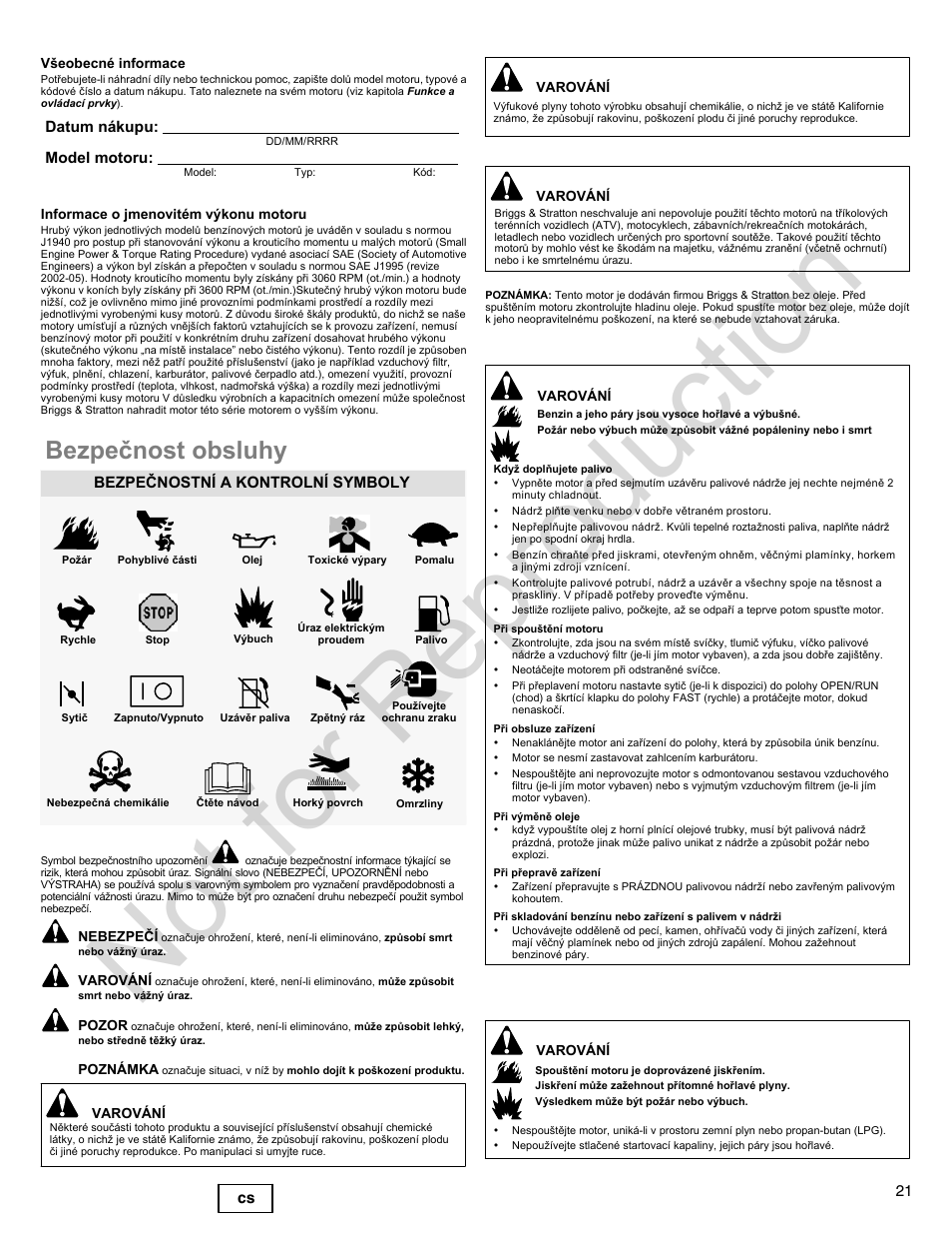 Not for reproduction, Bezpeènost obsluhy | Briggs & Stratton 300000 User Manual | Page 21 / 92