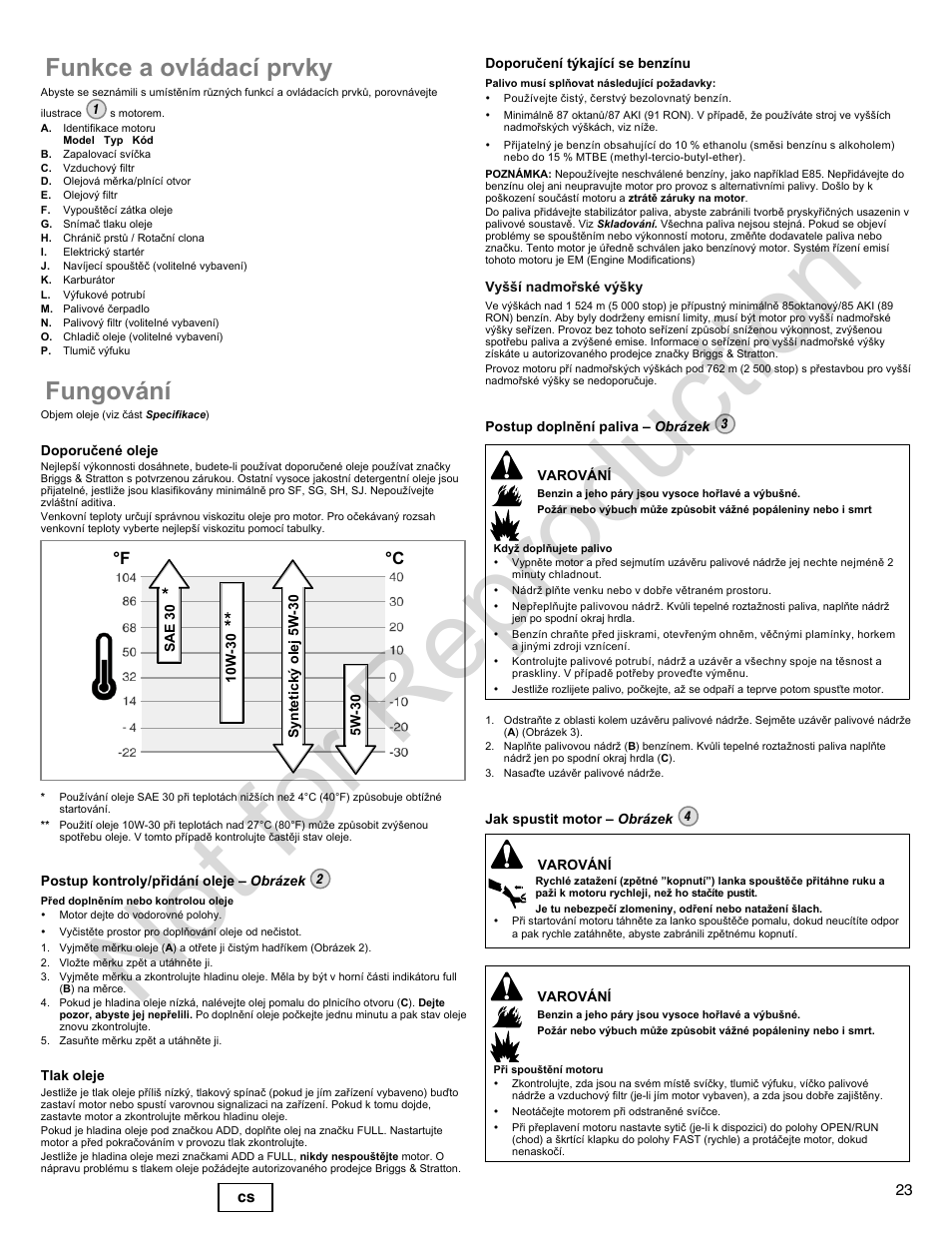 Not for reproduction, Funkce a ovládací prvky, Fungování | F °c | Briggs & Stratton 300000 User Manual | Page 23 / 92