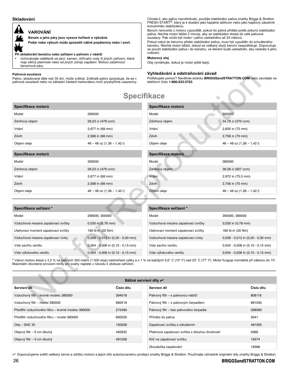 Not for reproduction, Specifikace | Briggs & Stratton 300000 User Manual | Page 26 / 92