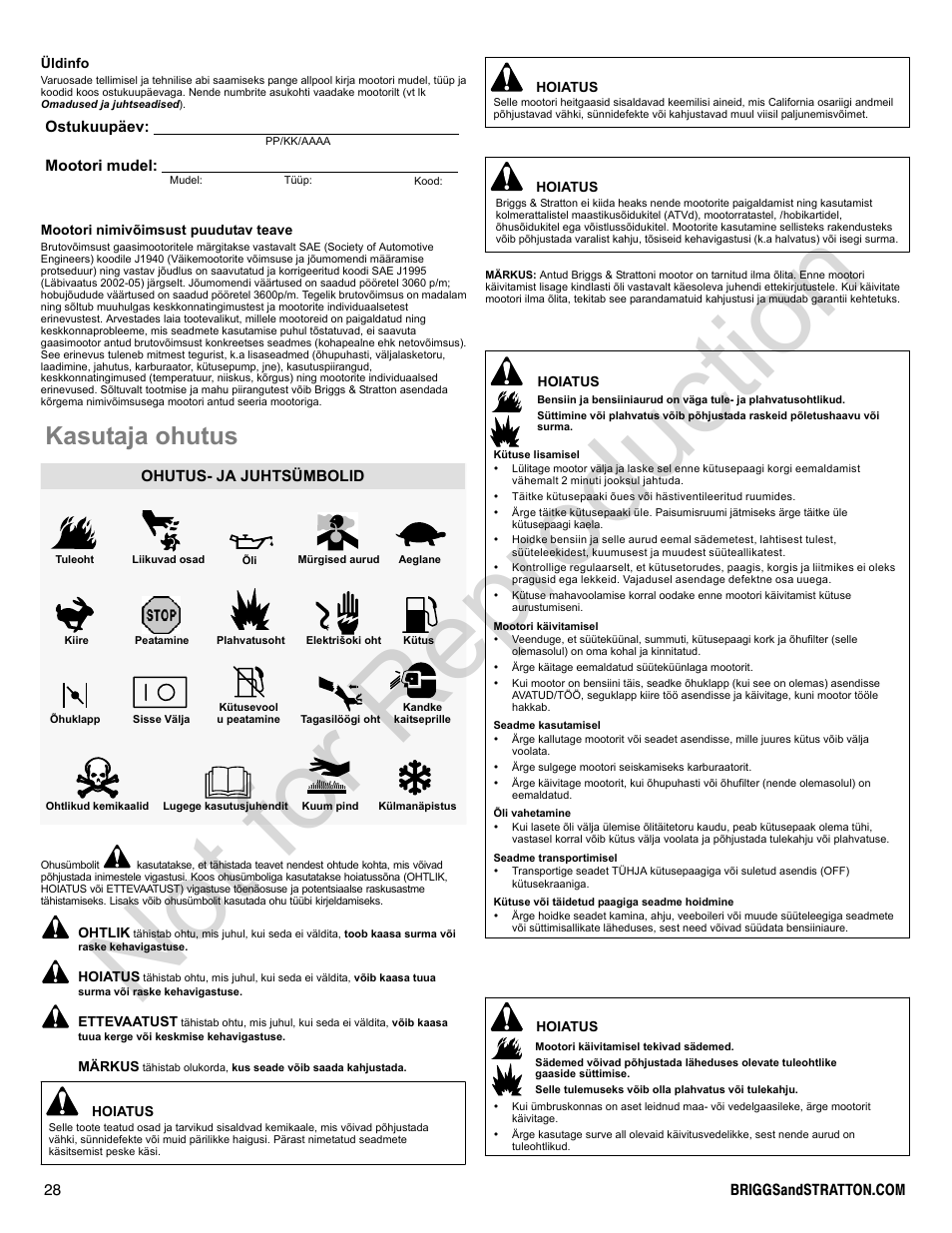 Not for reproduction, Kasutaja ohutus, Ostukuupäev: mootori mudel | Ohutus- ja juhtsümbolid | Briggs & Stratton 300000 User Manual | Page 28 / 92