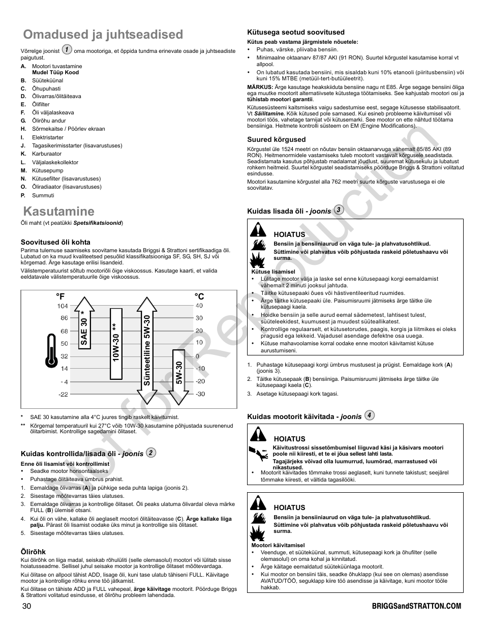 Not for reproduction, Omadused ja juhtseadised, Kasutamine | F °c | Briggs & Stratton 300000 User Manual | Page 30 / 92