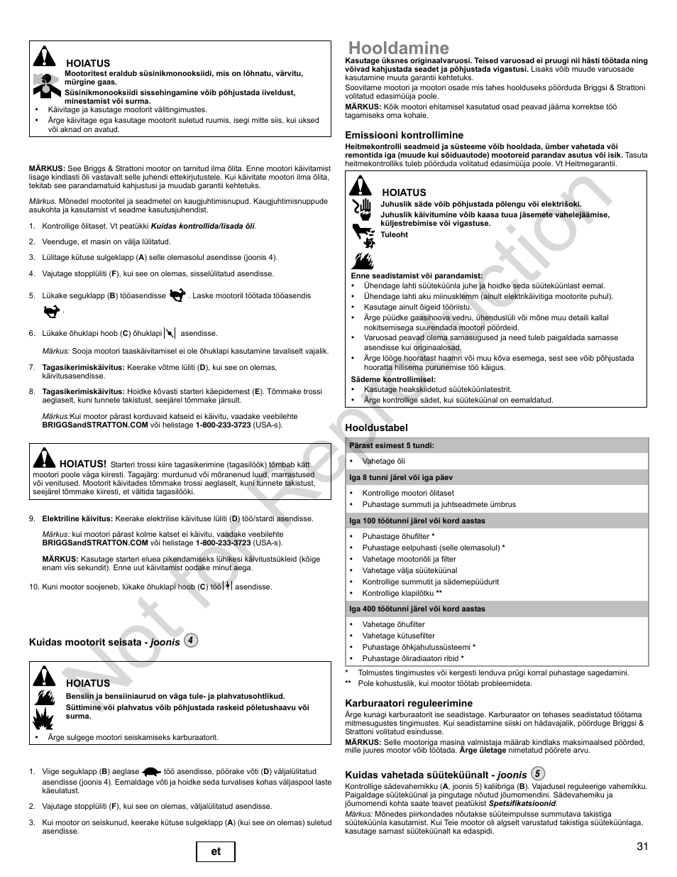 Not for reproduction, Hooldamine, 31 et | Briggs & Stratton 300000 User Manual | Page 31 / 92