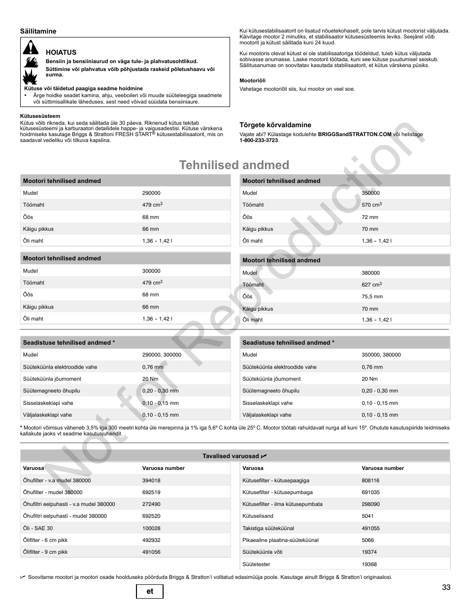 Not for reproduction, Tehnilised andmed, 33 et | Briggs & Stratton 300000 User Manual | Page 33 / 92