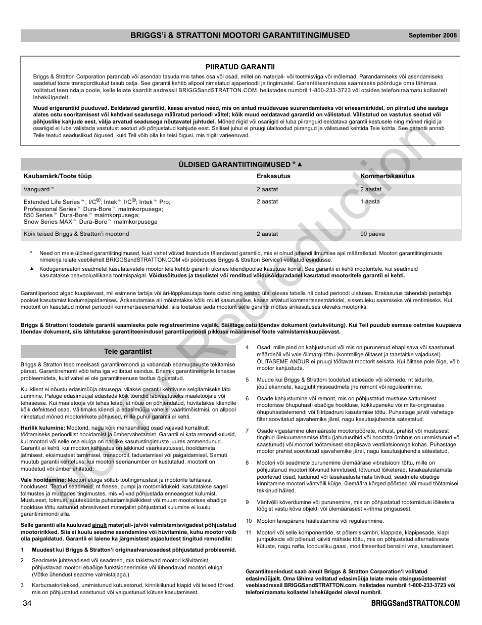 Not for reproduction | Briggs & Stratton 300000 User Manual | Page 34 / 92
