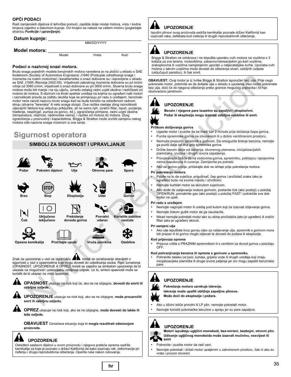 Not for reproduction, Sigurnost operatora | Briggs & Stratton 300000 User Manual | Page 35 / 92