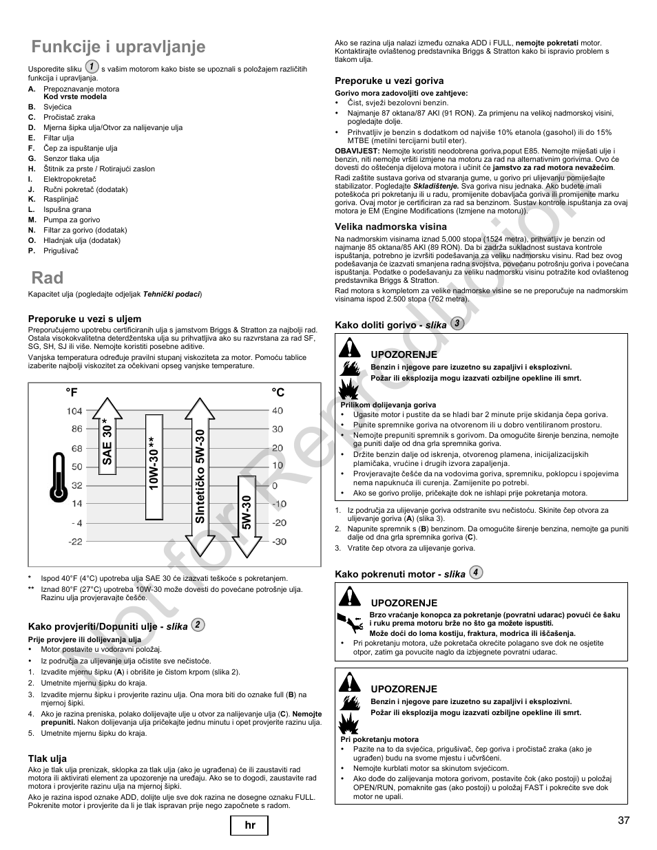 Not for reproduction, Funkcije i upravljanje | Briggs & Stratton 300000 User Manual | Page 37 / 92