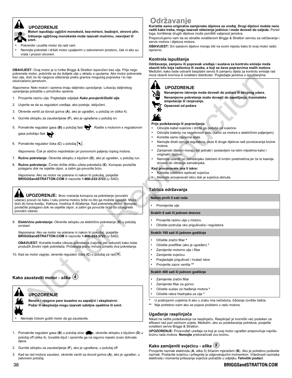 Not for reproduction, Održavanje | Briggs & Stratton 300000 User Manual | Page 38 / 92