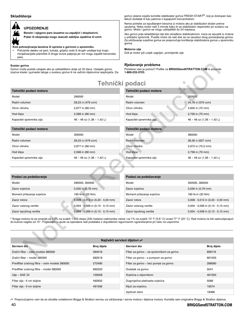 Not for reproduction, Tehnièki podaci | Briggs & Stratton 300000 User Manual | Page 40 / 92