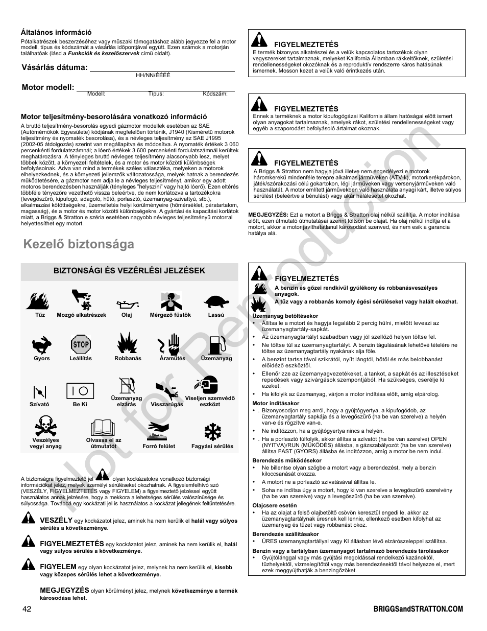 Not for reproduction, Kezelõ biztonsága | Briggs & Stratton 300000 User Manual | Page 42 / 92