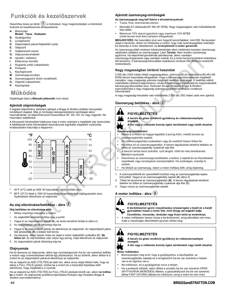 Not for reproduction, Funkciók és kezelõszervek, Mûködés | F °c | Briggs & Stratton 300000 User Manual | Page 44 / 92