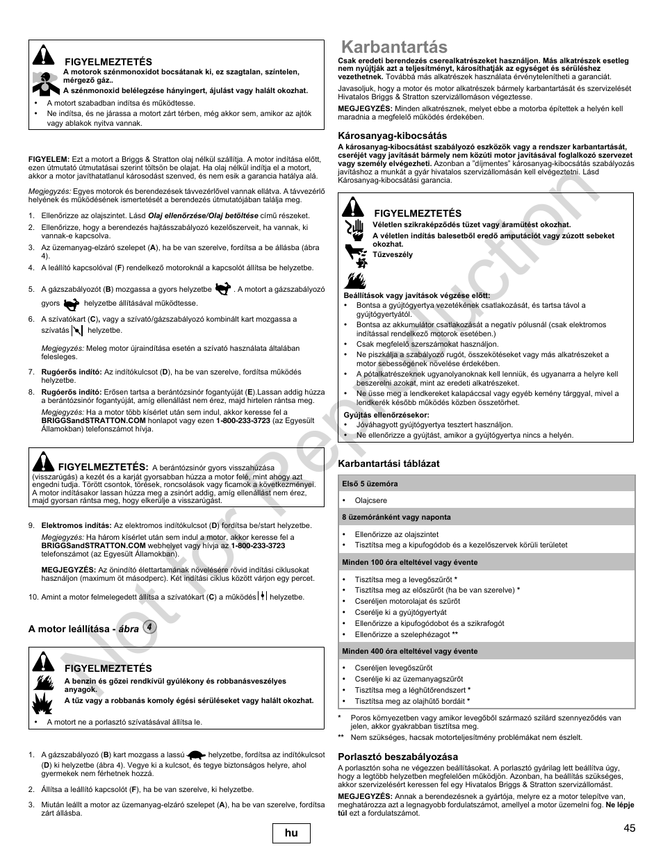 Not for reproduction, Karbantartás, 45 hu | Briggs & Stratton 300000 User Manual | Page 45 / 92